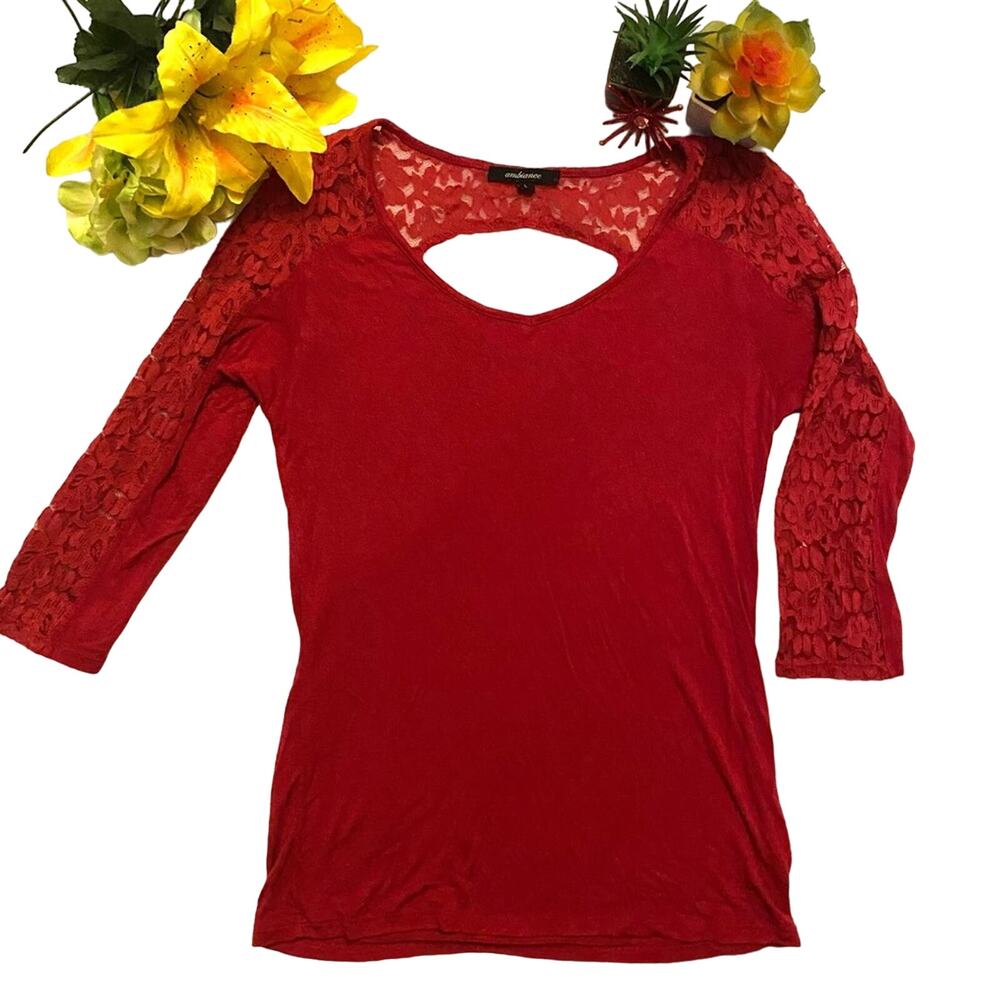 Red lace detail top.